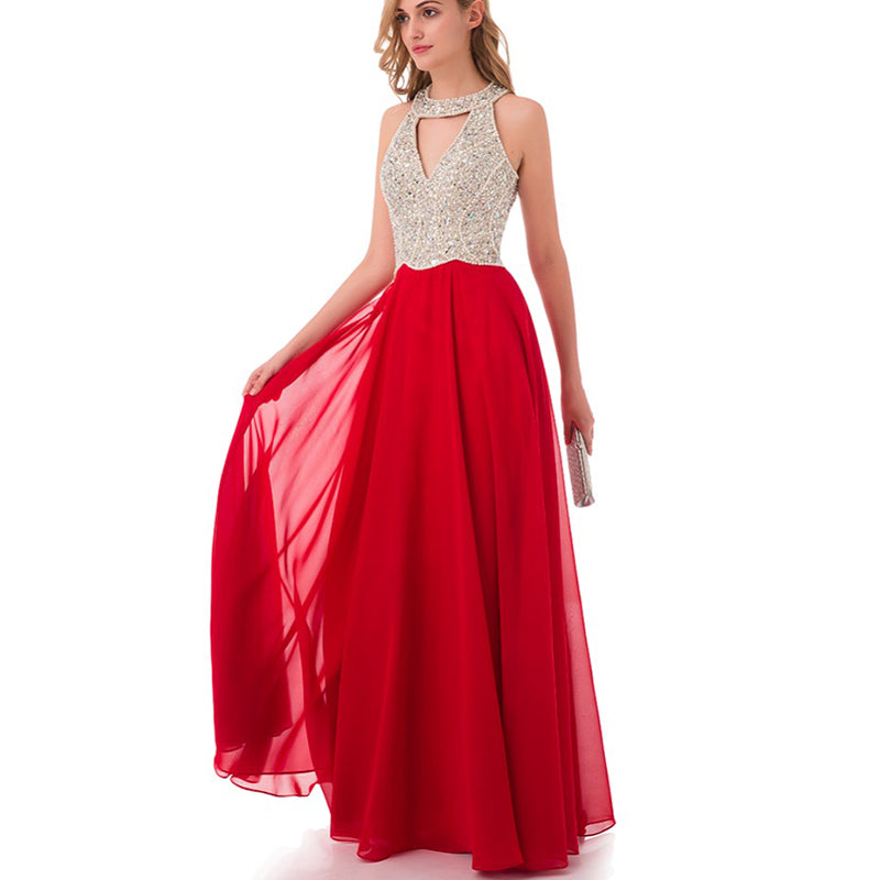 Fashion New  Halter Beading Long Red Graduation Prom Dress Girls Formal Gown LP0594