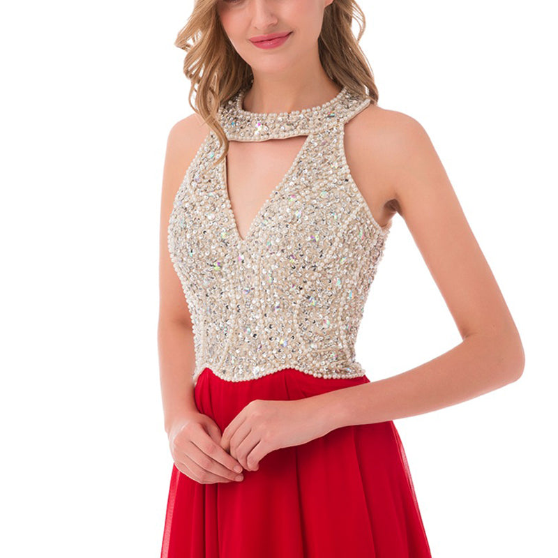 Fashion New  Halter Beading Long Red Graduation Prom Dress Girls Formal Gown LP0594