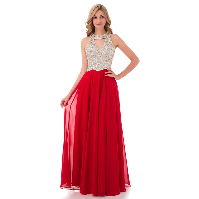 Fashion New  Halter Beading Long Red Graduation Prom Dress Girls Formal Gown LP0594