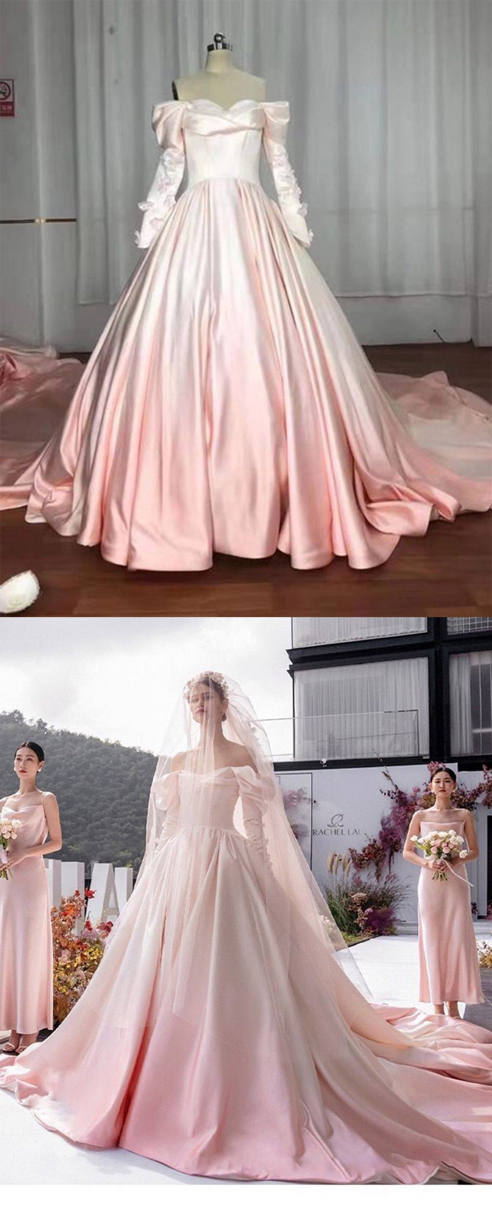 Vintage Princess Long Sleeves Pink Ombre Wedding Dresses ,Colored Bridal Party Gown  WD10430