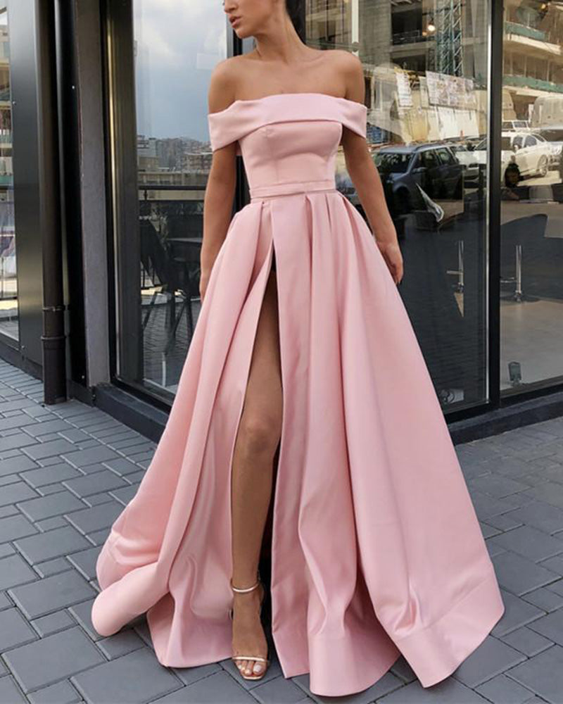Amazing Mint/Red /Pink/Yellow A Line Evening Prom Dresses Long Satin Off Shoulder Sexy High Split  PL2211
