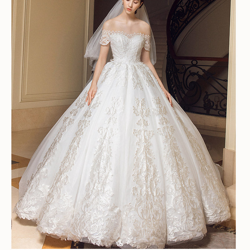 Robe de mariée de luxe en dentelle à manches courtes et épaules dénudées Robe de mariée ivoire 