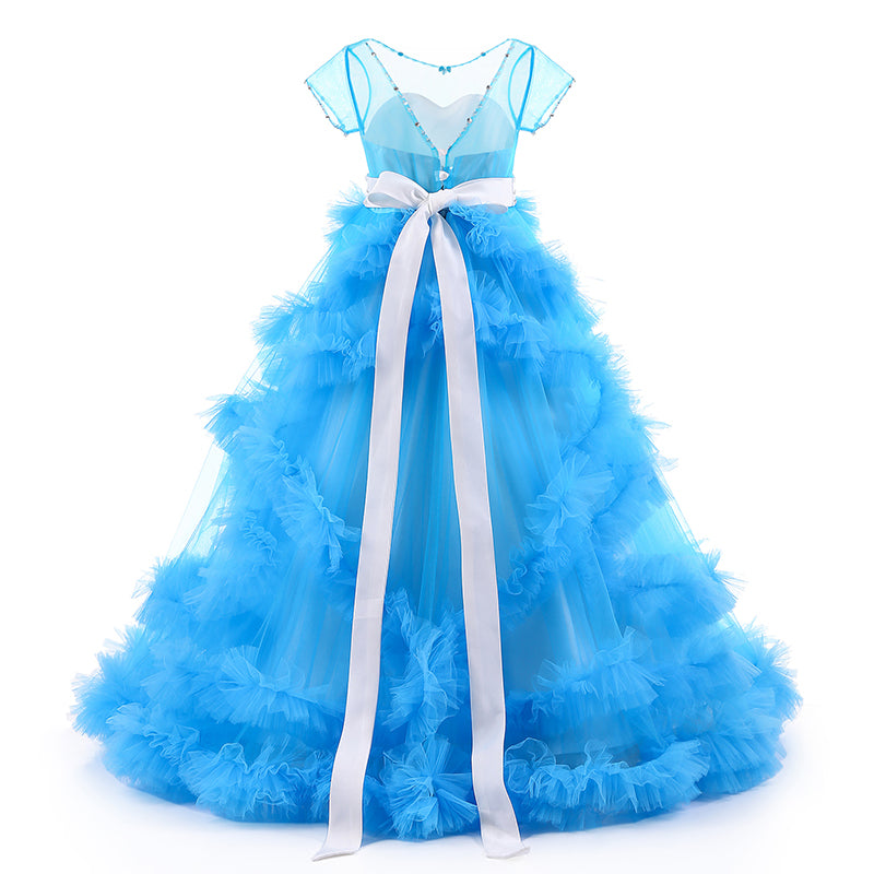 Blue/Pink Short Sleeves Ball Gown Flower Girl Dresses Floor Length Children Pageant Gown