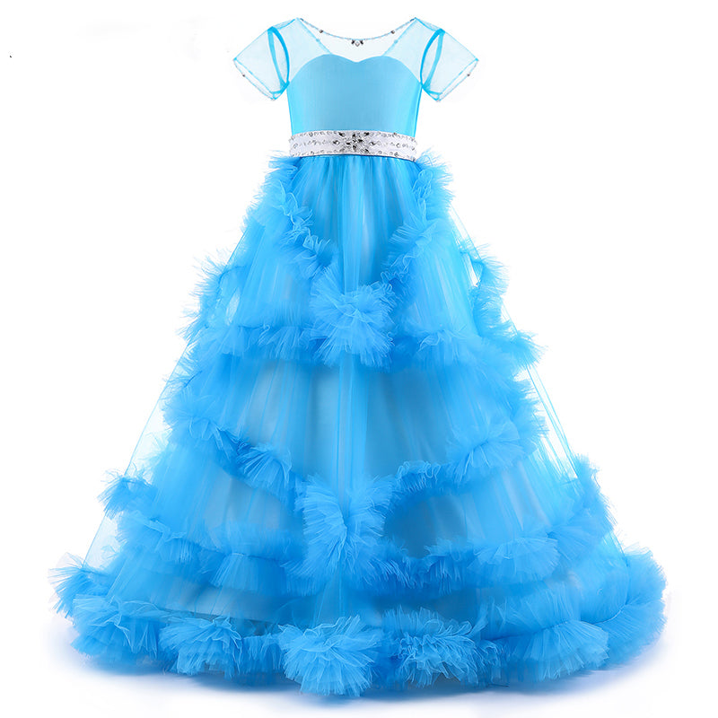 Blue/Pink Short Sleeves Ball Gown Flower Girl Dresses Floor Length Children Pageant Gown