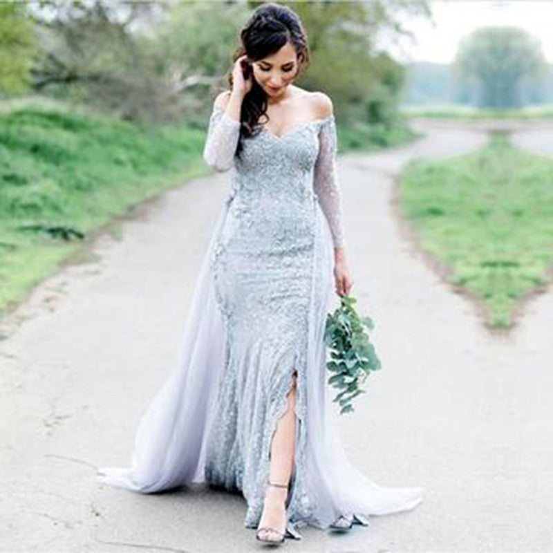 Vestido de noche formal de sirena con hombros descubiertos, mangas largas, tul y encaje para mujer, vestido de novia con cola acoplable