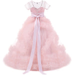 Blue/Pink Short Sleeves Ball Gown Flower Girl Dresses Floor Length Children Pageant Gown