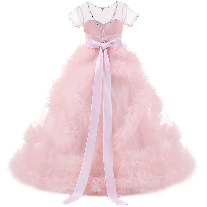 Blue/Pink Short Sleeves Ball Gown Flower Girl Dresses Floor Length Children Pageant Gown