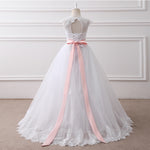 Cap Sleeves Lace Ball Gown Flower Girl Dress Baby White Dress with Pink Belt Children First Communion Dress