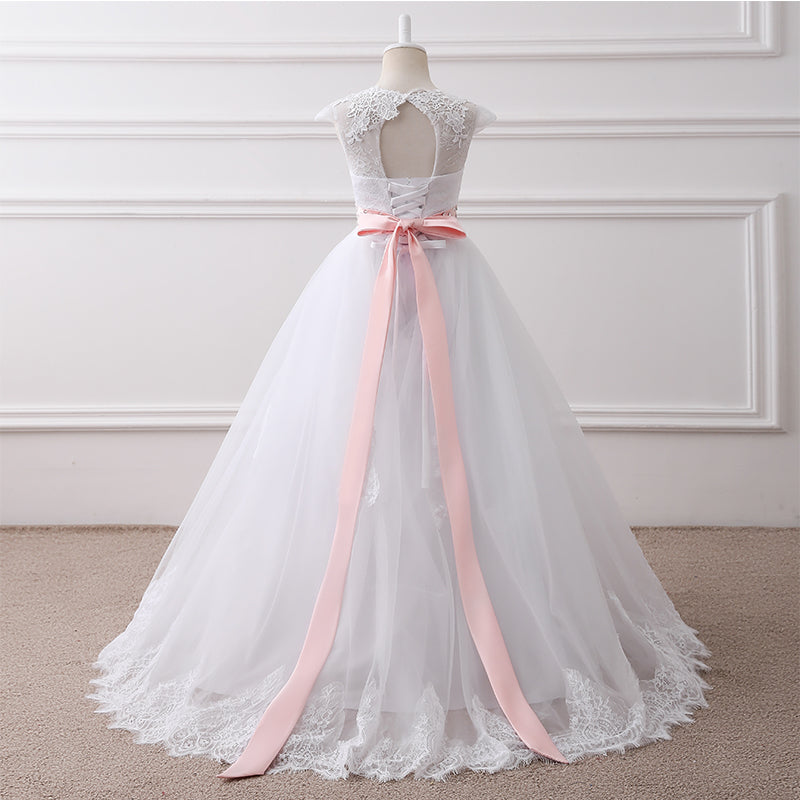 Cap Sleeves Lace Ball Gown Flower Girl Dress Baby White Dress with Pink Belt Children First Communion Dress