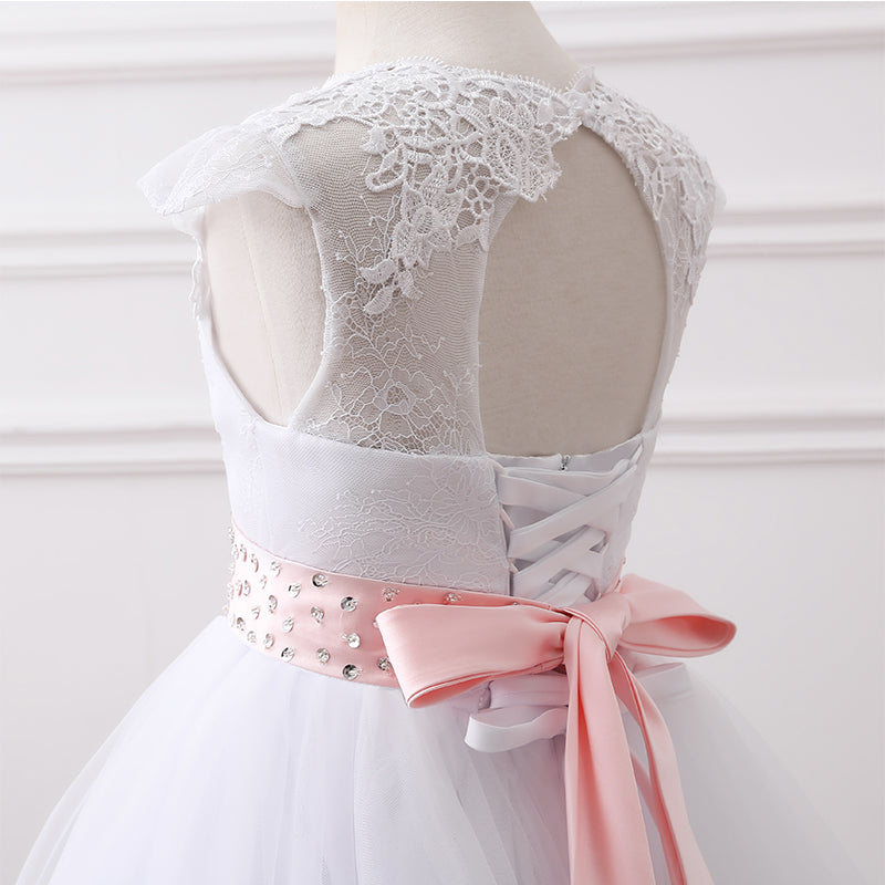Cap Sleeves Lace Ball Gown Flower Girl Dress Baby White Dress with Pink Belt Children First Communion Dress