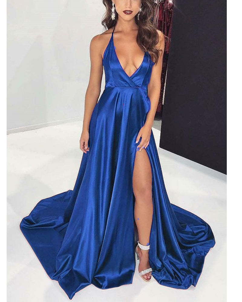 Amazing Sexy Deep V Neck Halter Prom Dresses Long with Split leg PL9545