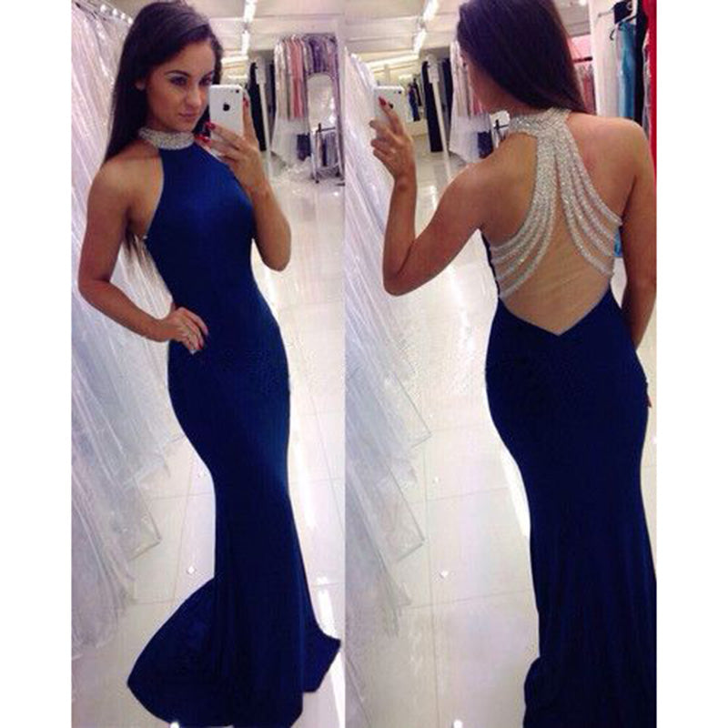 Siaoryne Sheath Prom Dress High Neck with Beading Party Gowns Long Royal Blue New LP1004