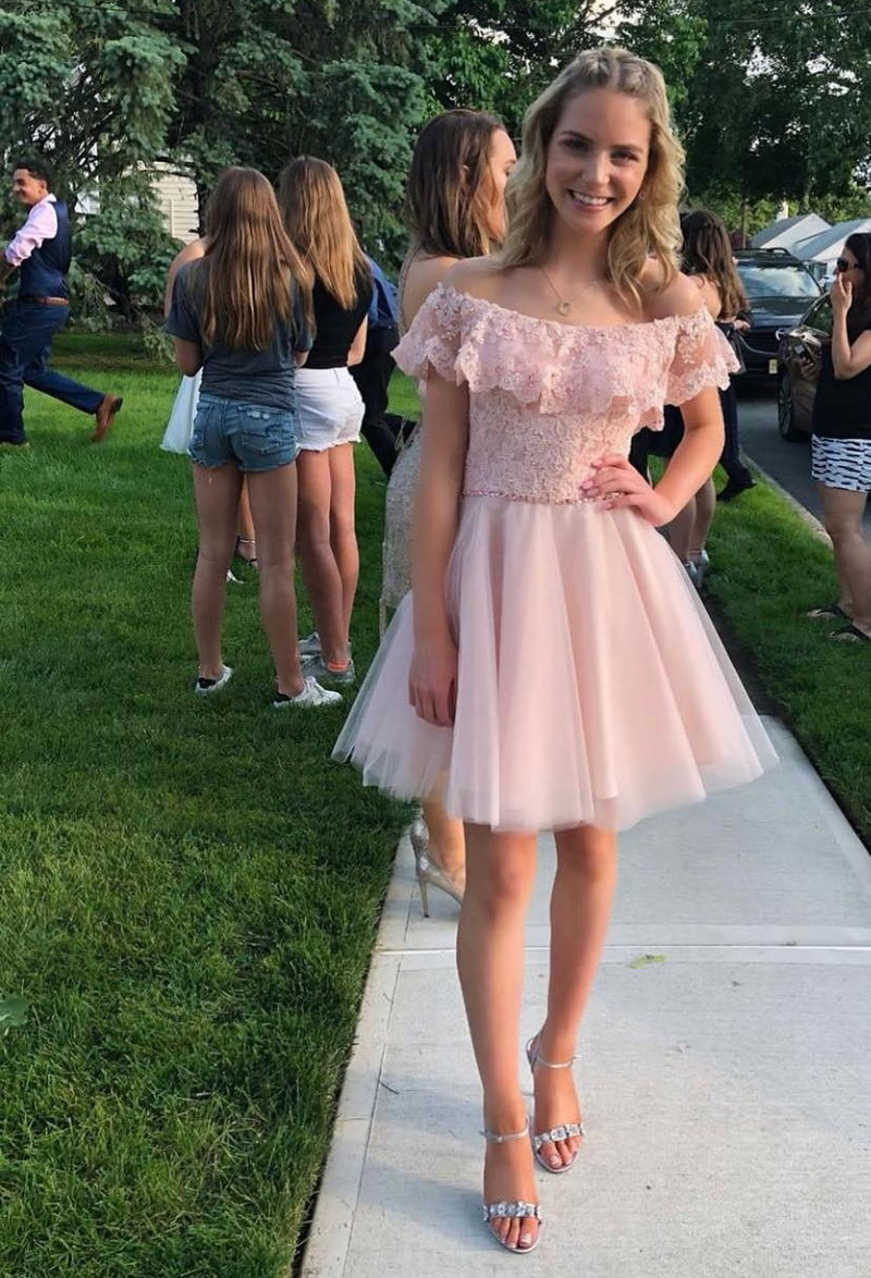 Blush Pink Off the Shoulder Short Party Dress, Cocktail Lace Short Homecoming Dress SP0274