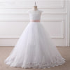 Cap Sleeves Lace Ball Gown Flower Girl Dress Baby White Dress with Pink Belt Children First Communion Dress