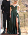 Elegant Olive Dark Green Off Shoulder Long Women Long Formal Wear Prom Dress with Sexy Split LP0317