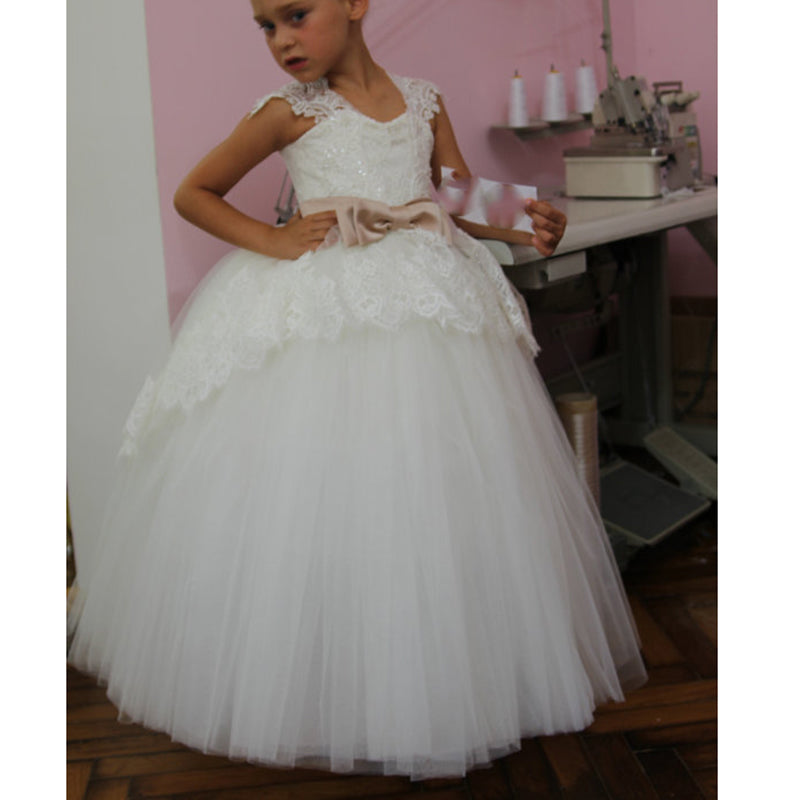 Cap Sleeves Lace Tulle Flower Girl Dress First Communion Dress for Baby Girls