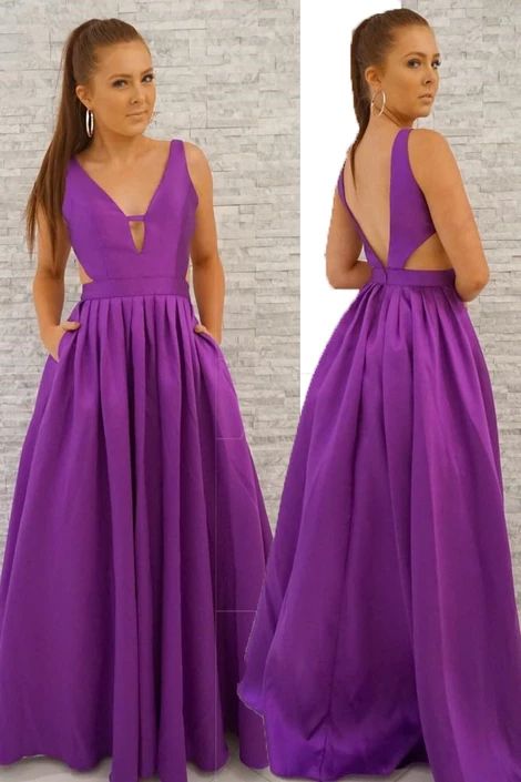 Elegant Sleeveless Purple A-Line Prom Dress with V-Neck and Pockets