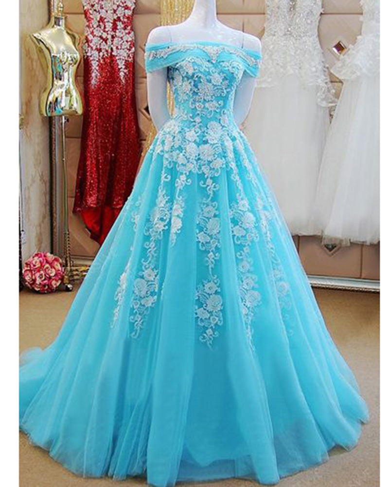 Turquiose Off the Shoulder Formal Gowns Prom Dresses Long with Lace