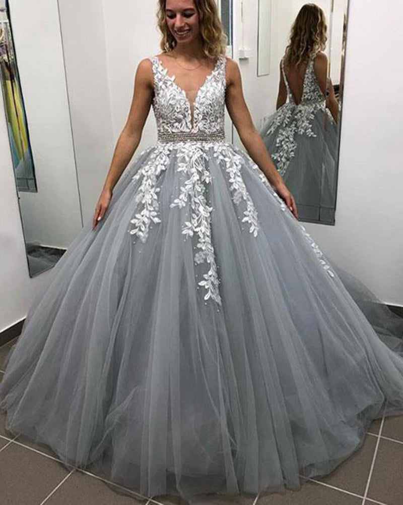 V Neck Gray/Pink Tulle and White Lace Prom Dress with Beading Belt PL6854