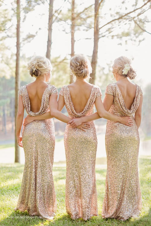 Gold Sequins Bridesmaid Dress with Short Sleeve ,Long Women Evening Party Gowns,prom dress gold PL108041