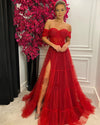 Bright Red long Tulle Formal Evening Dresses for Women PL22782
