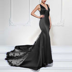 Burgundy Satin Lace Appliqued V Neck Mermaid Prom Dress Women Formal Evening Long Dresses