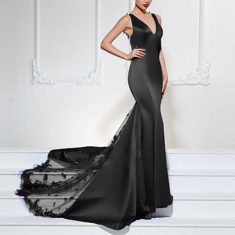 Burgundy Satin Lace Appliqued V Neck Mermaid Prom Dress Women Formal Evening Long Dresses