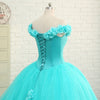 Hand made 3D Flowers Light Blue Wedding Dress Princess Ball Gown Off the Shoulder Quinceanera Dress Debutante Gown WD7703