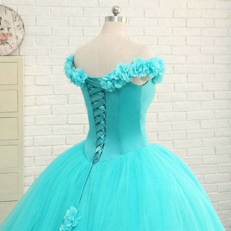 Hand made 3D Flowers Light Blue Wedding Dress Princess Ball Gown Off the Shoulder Quinceanera Dress Debutante Gown WD7703
