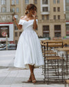 Off the Shoulder Summer Bridal Gown Short White Satin Wedding Dress  Knee Length SW10502