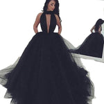Burgundy Halter Ball Gown Women Evening Party Dress Sexy Backless Puffy Special Occasion Dress