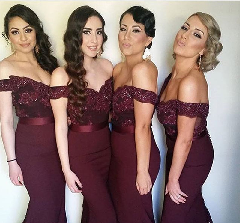 Elegant Lace Appliques Mermaid Off the Shoulder Bridesmaid Dress Navy Women Formal Gown