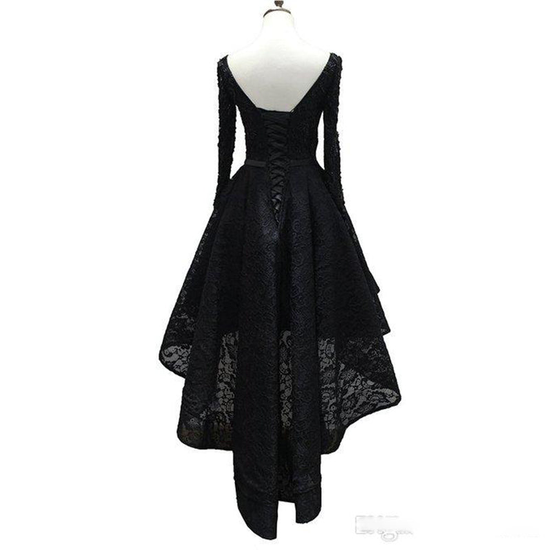 High Low Black Evening Dresses,Long Sleeves lace beaded Formal Gowns ,Black Prom Dresses 2018