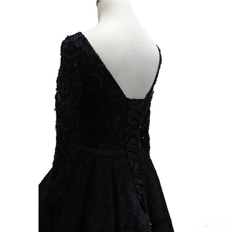 High Low Black Evening Dresses,Long Sleeves lace beaded Formal Gowns ,Black Prom Dresses 2018