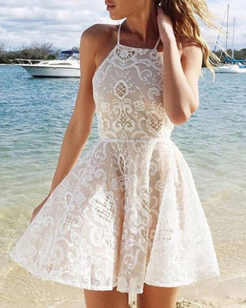 Vestido corto de fiesta con escote halter en color marfil/desnudo, vestido de cóctel corto semiformal con espalda cruzada 