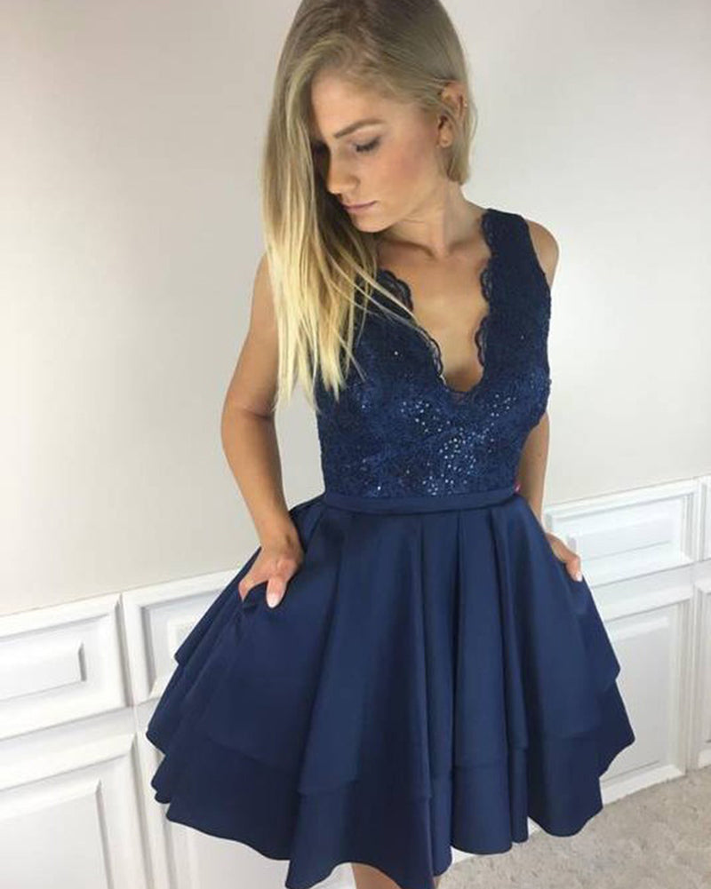 Vestido corto de cóctel para niñas, de encaje, con escote en V, color azul marino, para fiesta de graduación y graduación SP0905 