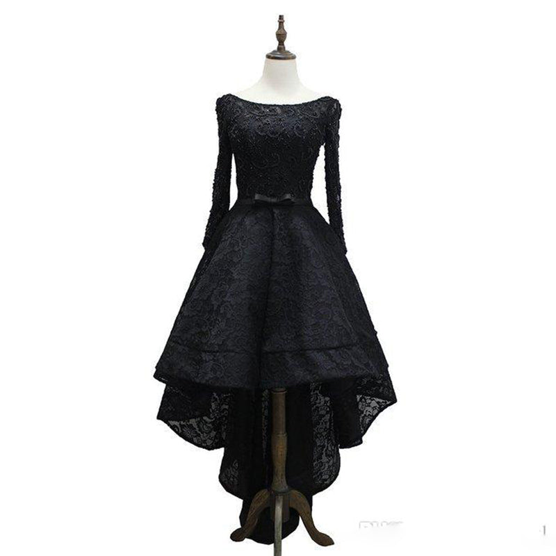 High Low Black Evening Dresses,Long Sleeves lace beaded Formal Gowns ,Black Prom Dresses 2018