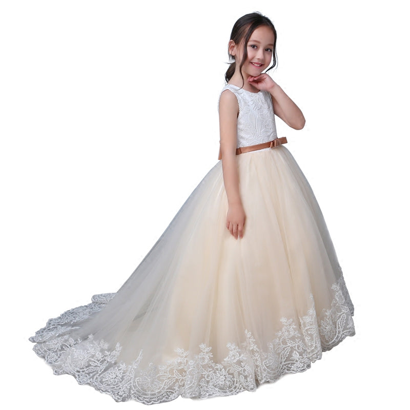 Chic Ivory/Champagne Lace Flower Girl Dresses with Belt Child Communion Dresses 2020