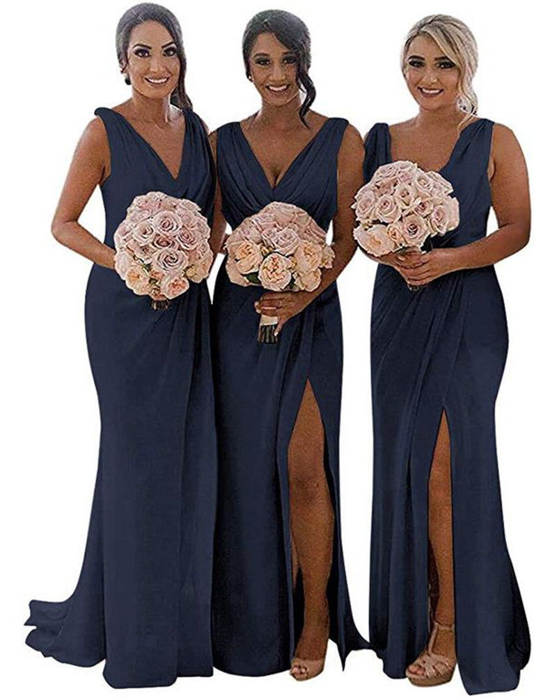 Navy Blue Chiffon Fitted Draped women Wedding Party Bridesmaid Dress P ...