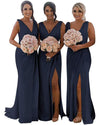 Navy Blue Chiffon Fitted Draped women Wedding Party Bridesmaid Dress PL0903