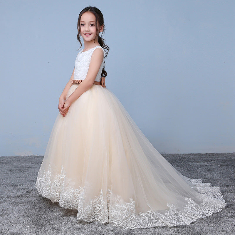 Chic Ivory/Champagne Lace Flower Girl Dresses with Belt Child Communion Dresses 2020