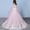 Pink/Whit Lace Flower Girl Dress with Long Sleeves Child Party Communion Gown