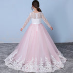 Pink/Whit Lace Flower Girl Dress with Long Sleeves Child Party Communion Gown