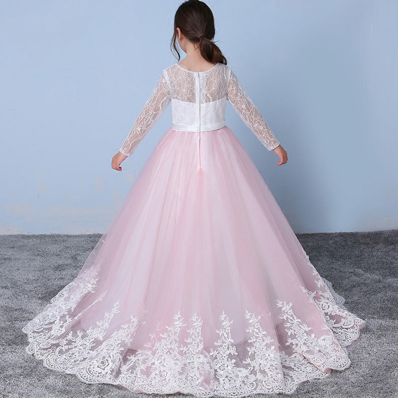 Pink/Whit Lace Flower Girl Dress with Long Sleeves Child Party Communion Gown