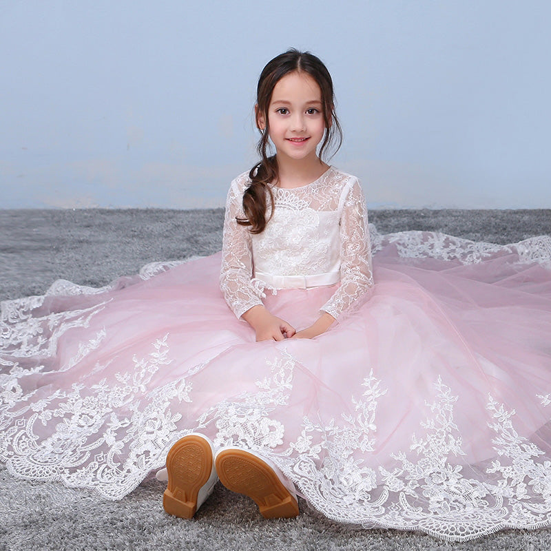 Pink/Whit Lace Flower Girl Dress with Long Sleeves Child Party Communion Gown