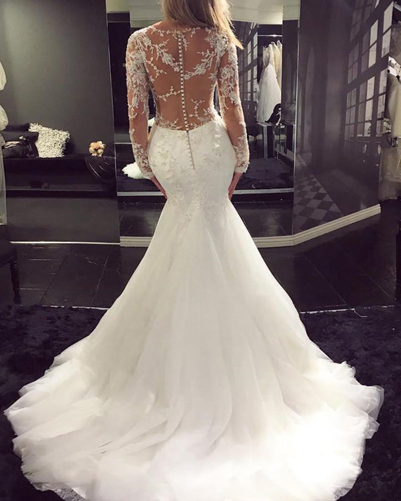Siaoryne WD023 Robe de mariée sexy à manches longues et transparente Robe de mariée sirène en dentelle 
