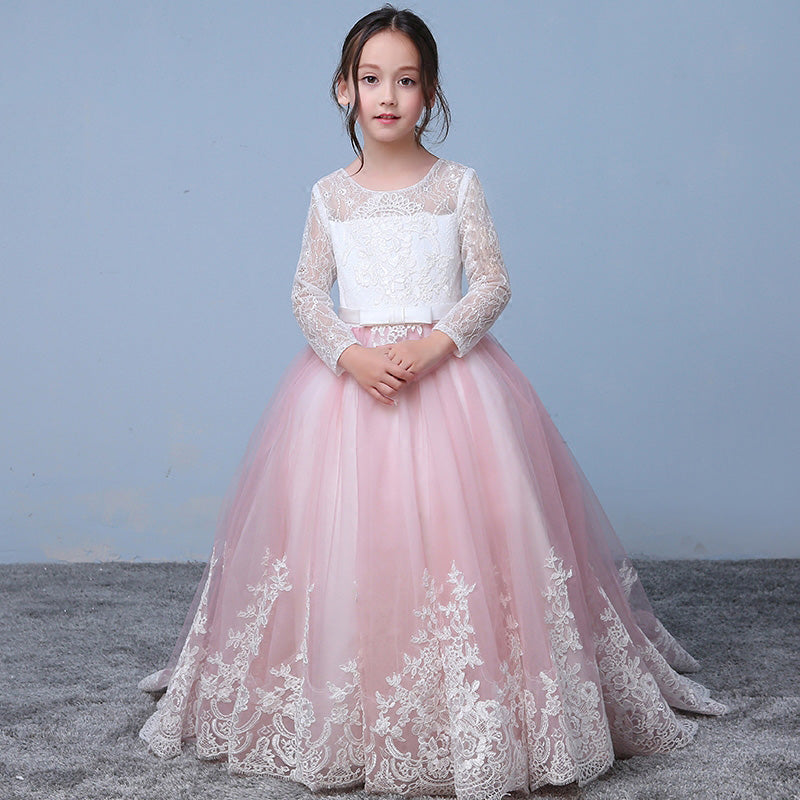 Pink/Whit Lace Flower Girl Dress with Long Sleeves Child Party Communion Gown