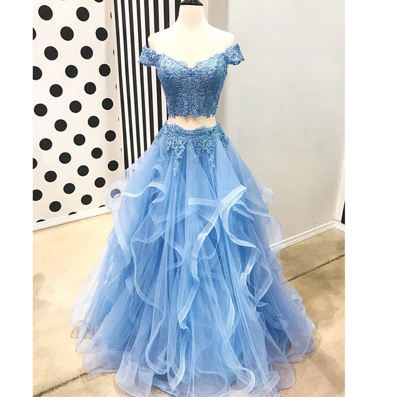 Off the Shoulder Sky Blue Senior Prom Dresses Crop Top Girls Lace Formal Gown Vestido De Festa 2018