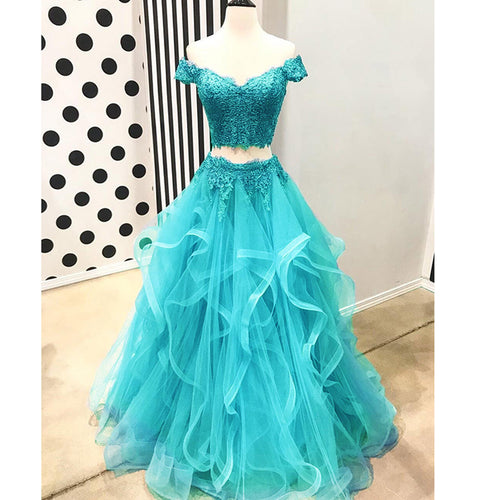 Off the Shoulder Sky Blue Senior Prom Dresses Crop Top Girls Lace Formal Gown Vestido De Festa 2018