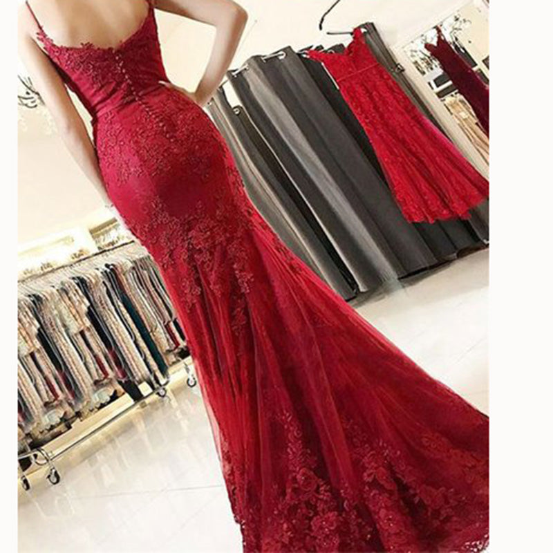 Stunning Wine Red Spaghetti Straps Fishtail Prom Dress Lace Long Girls Siaoryne Stunning Wine Red Spaghetti Straps Fishtail Prom Dress Lace Long Girls Siaoryne